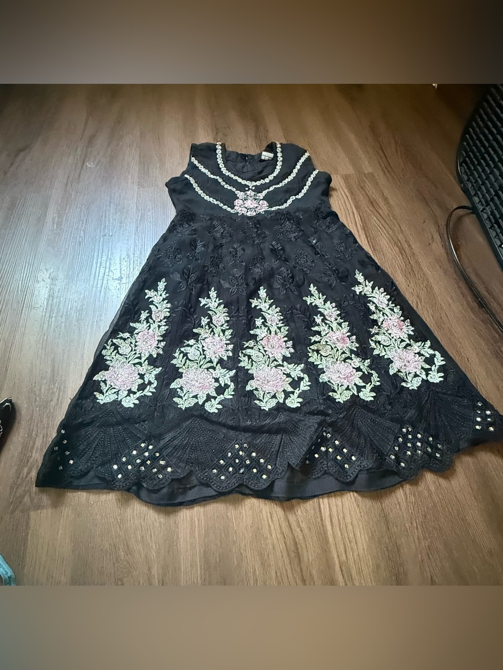 Boutique 9 Black Dress with Pink and Green Floral Embroidery